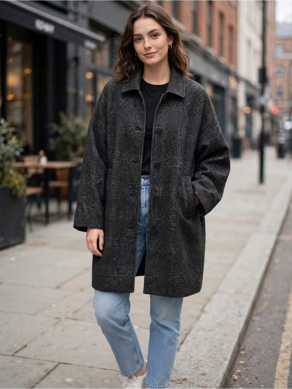 Old Navy Black Plaid Button Coat